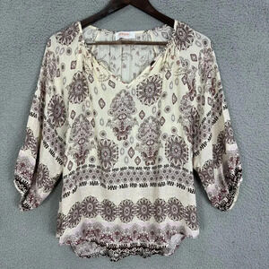 Reneec. top womens medium beige pink geometric print boho cottagecore fairy‎